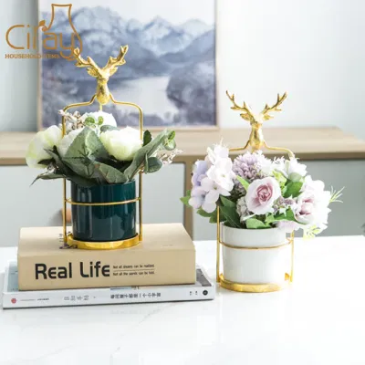 Graduated Color Cylinder Flowerpot with Beautiful Gold Deer Stand