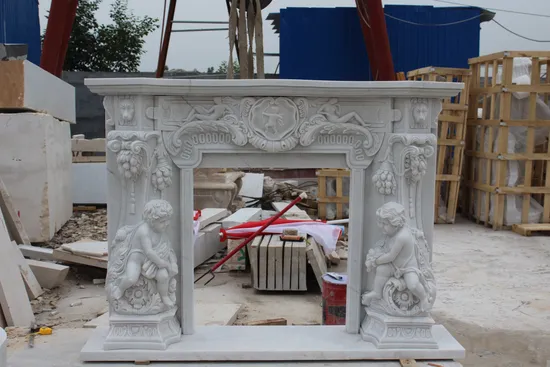 Custom Beige Large Column Lady Statue French Fireplace Mantel Home Decoration Furniture Natural Stone Carvings and Sculptures Marble Fireplace with Flowers 