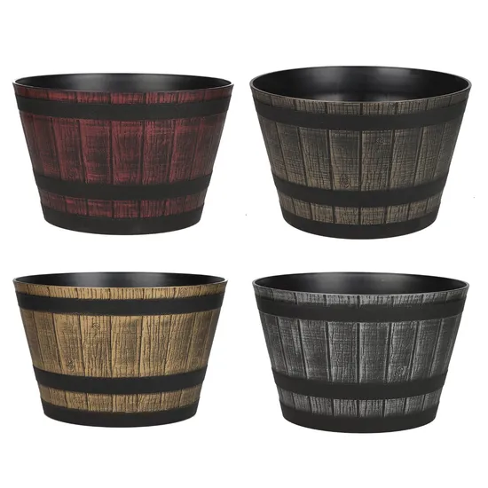 Outdoor Indoor Balcony Faux Wood Planters Garden Decor Round Plant Flowerpot Plastic Planter Pot Wine Barrel Design (MT