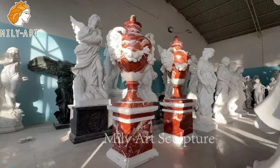 Outdoor Garden Large Natural Stone Hand Carved Planter Sunset Red Marble Medusa Flowerpot