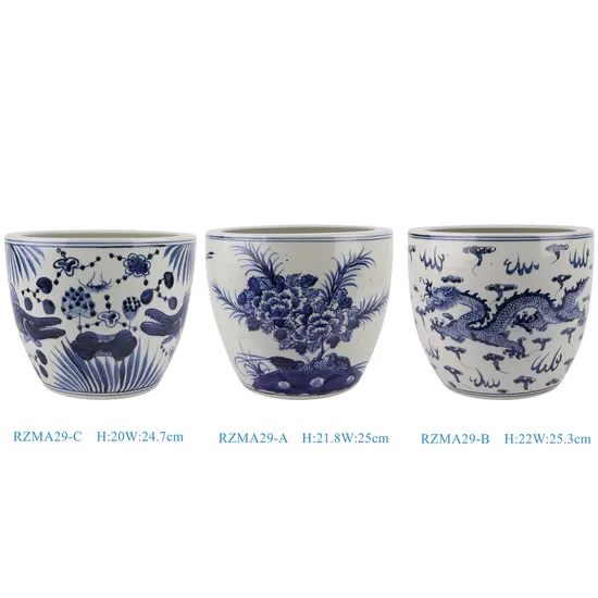 Jingdezhen Porcelain Blue and White Dragon Fish Pattern Flower Bird Ceramic Pot Planter 