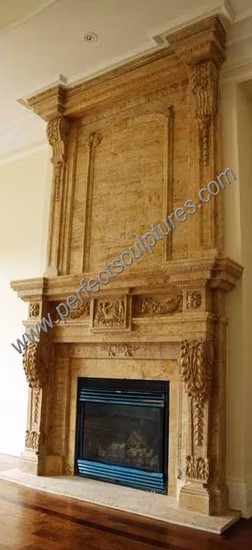 Luxury Antique Double Stone Marble Fireplace Surround with Carved Flower Lion Statue (QY