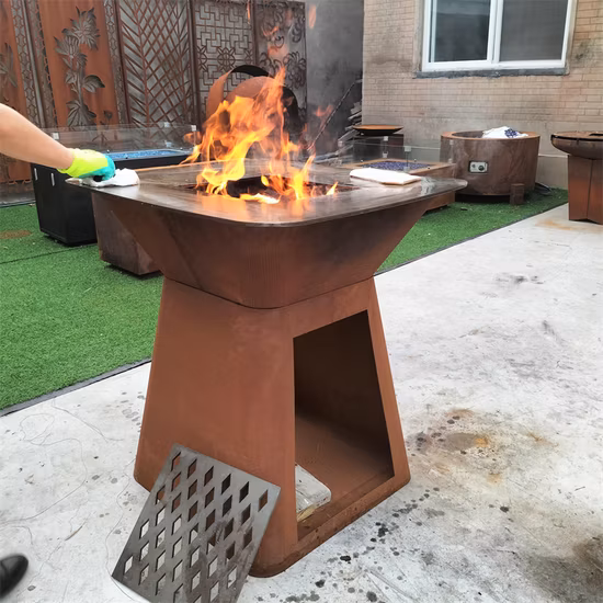 Corten Steel Fire Bowl Barbecue with Grill Ring/Cooking Ledge in Stainless Steel